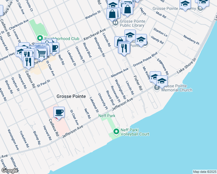 map of restaurants, bars, coffee shops, grocery stores, and more near 354 Rivard Boulevard in Grosse Pointe