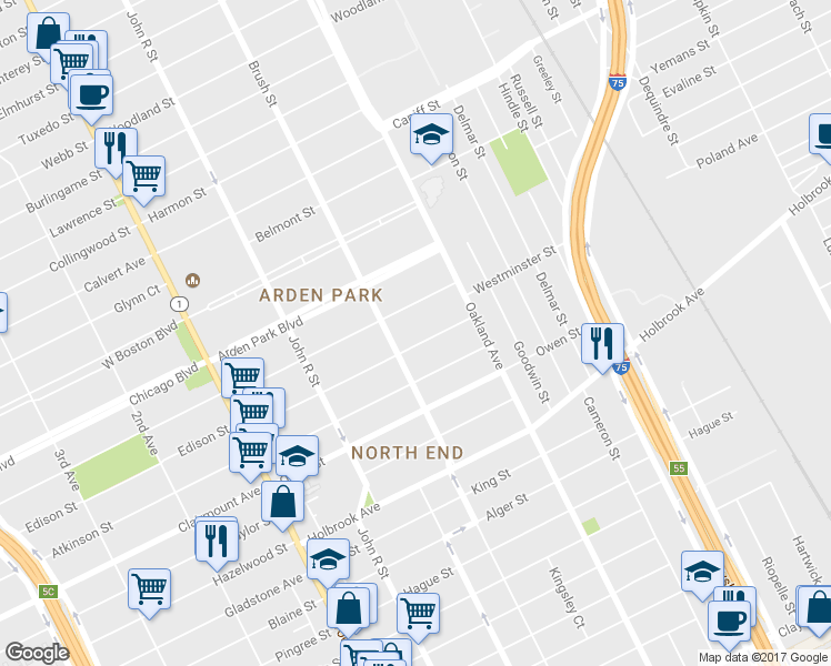 map of restaurants, bars, coffee shops, grocery stores, and more near 545 Kenilworth St in Detroit