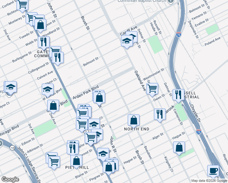 map of restaurants, bars, coffee shops, grocery stores, and more near 9429 Brush Street in Detroit