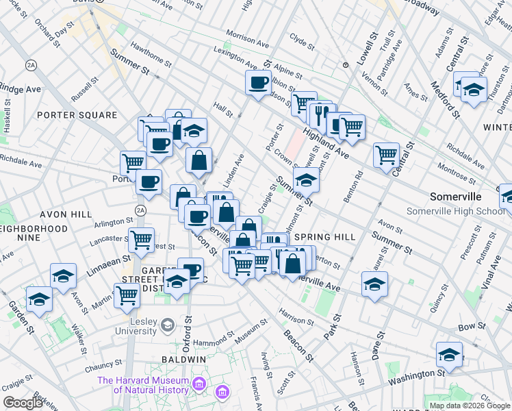 map of restaurants, bars, coffee shops, grocery stores, and more near 42 Craigie Street in Somerville
