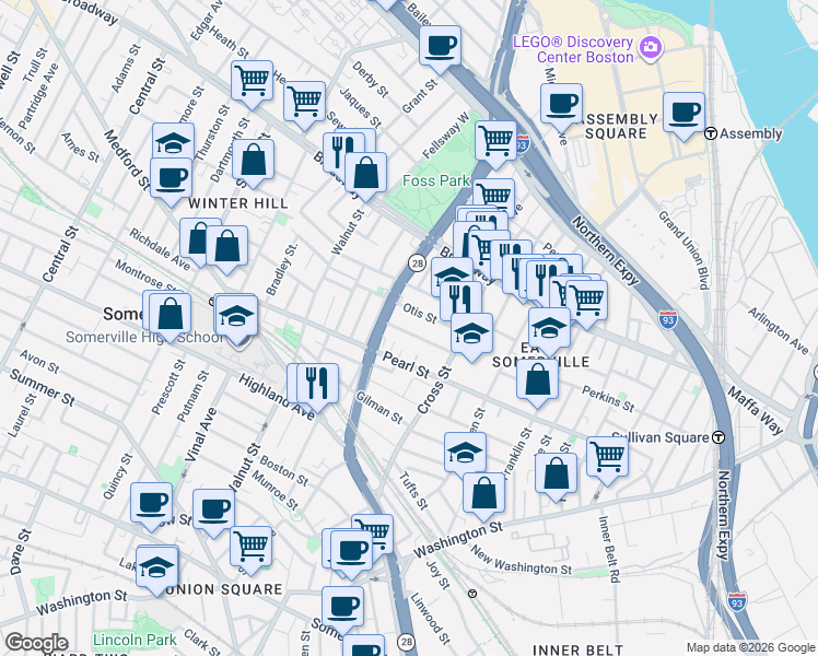 map of restaurants, bars, coffee shops, grocery stores, and more near 31 Everett Avenue in Somerville