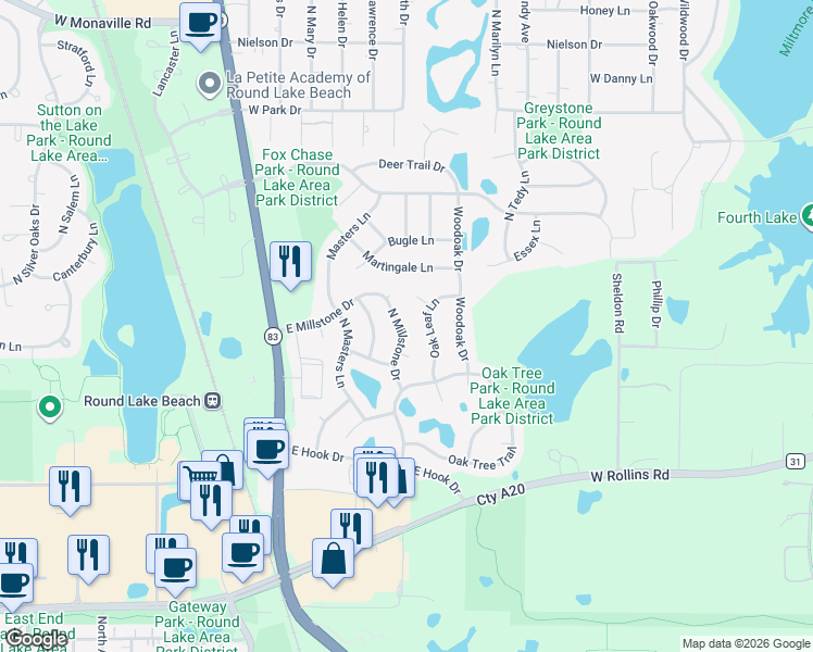 map of restaurants, bars, coffee shops, grocery stores, and more near 2124 Oak Leaf Lane in Lake Villa