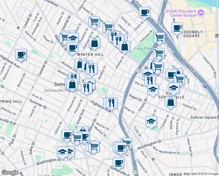 map of restaurants, bars, coffee shops, grocery stores, and more near 202 Pearl Street in Somerville