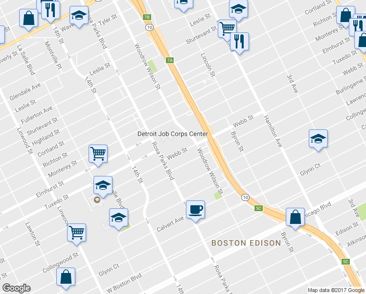 map of restaurants, bars, coffee shops, grocery stores, and more near 1664 Webb Street in Detroit