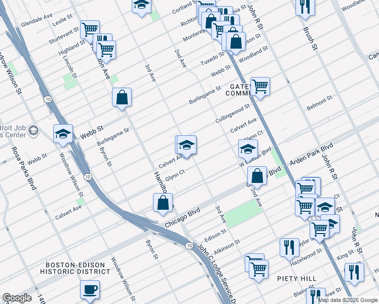 map of restaurants, bars, coffee shops, grocery stores, and more near 810 Calvert Avenue in Detroit