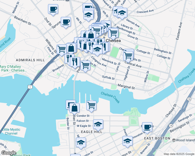 map of restaurants, bars, coffee shops, grocery stores, and more near 90 Marginal Street in Chelsea