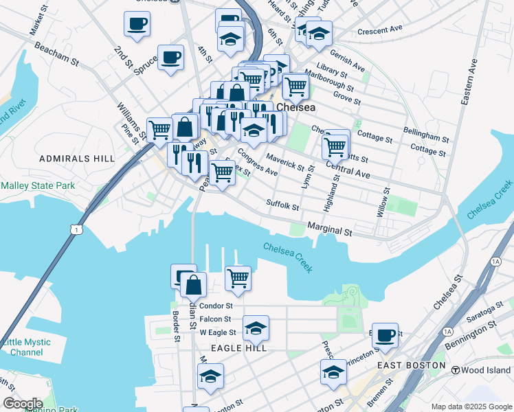 map of restaurants, bars, coffee shops, grocery stores, and more near 90 Marginal Street in Chelsea