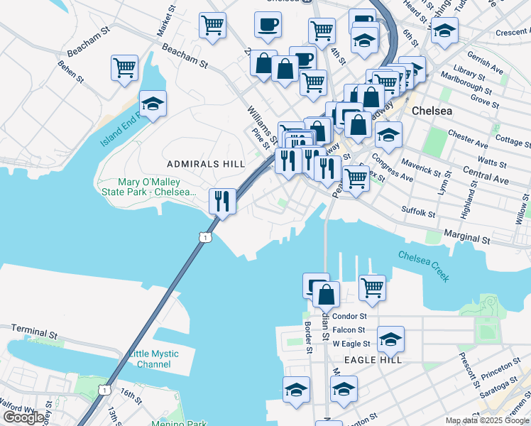 map of restaurants, bars, coffee shops, grocery stores, and more near 22 Front Street in Chelsea