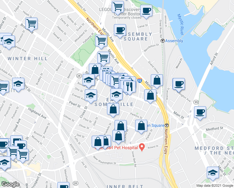 map of restaurants, bars, coffee shops, grocery stores, and more near 10 Cutter Street in Somerville