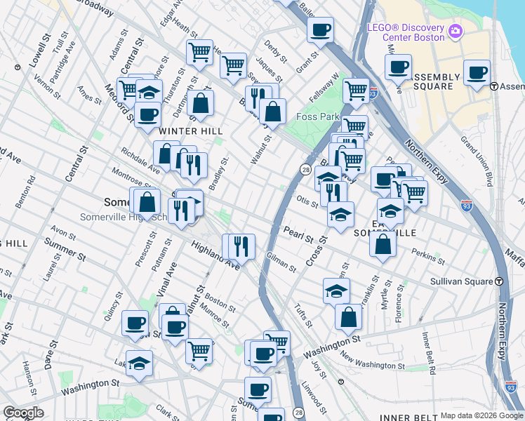 map of restaurants, bars, coffee shops, grocery stores, and more near 5 Wesley Street in Somerville