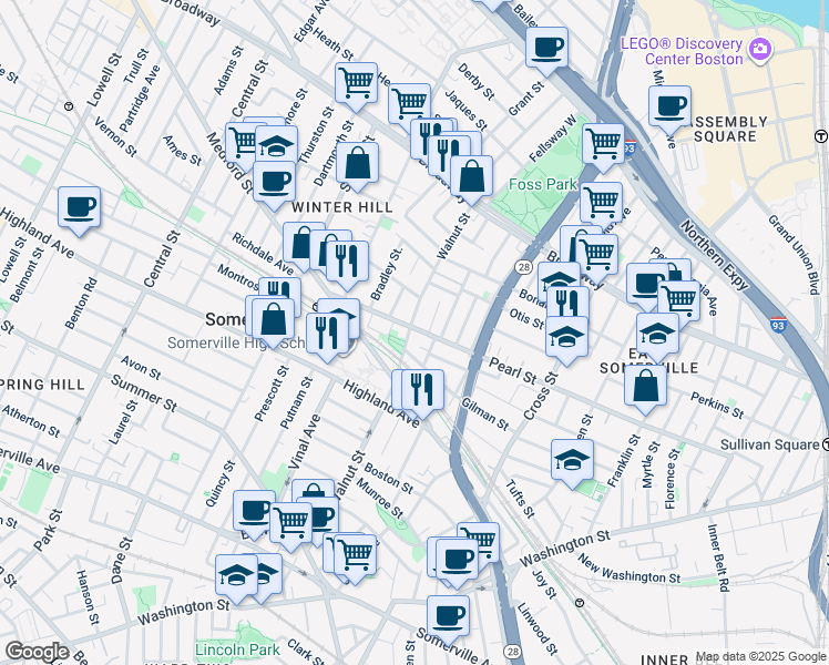 map of restaurants, bars, coffee shops, grocery stores, and more near 202 Pearl Street in Somerville