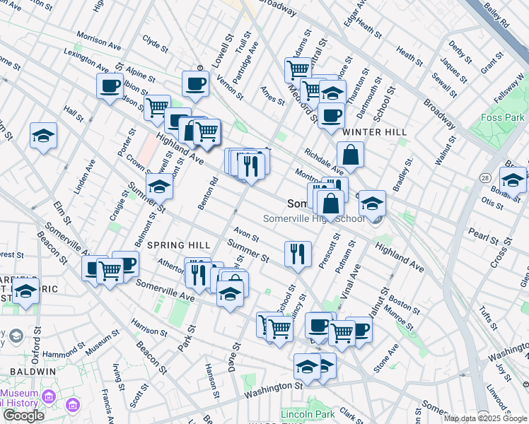map of restaurants, bars, coffee shops, grocery stores, and more near 63 Berkeley Street in Somerville