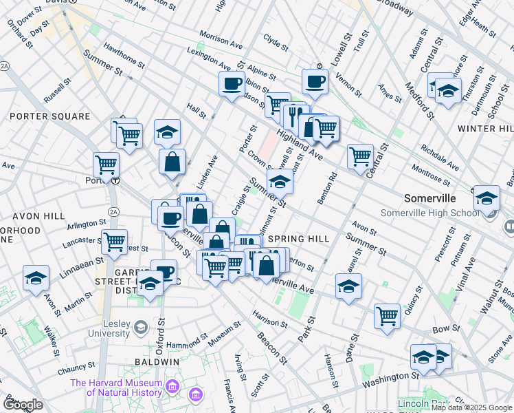map of restaurants, bars, coffee shops, grocery stores, and more near 74 Lowell Street in Somerville