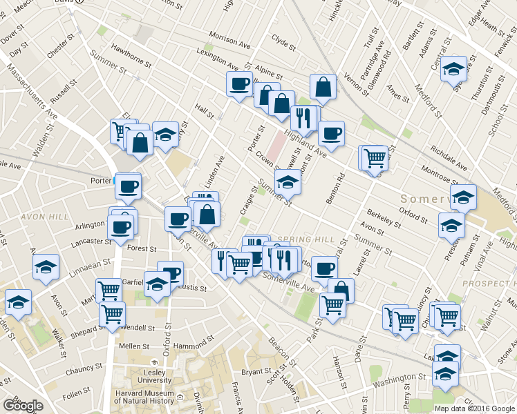 map of restaurants, bars, coffee shops, grocery stores, and more near 74 Lowell Street in Somerville