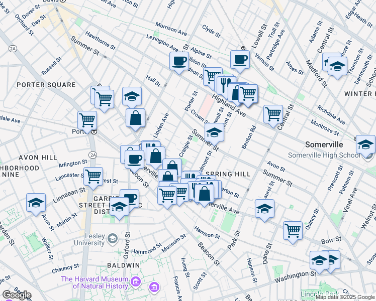 map of restaurants, bars, coffee shops, grocery stores, and more near 74 Lowell Street in Somerville