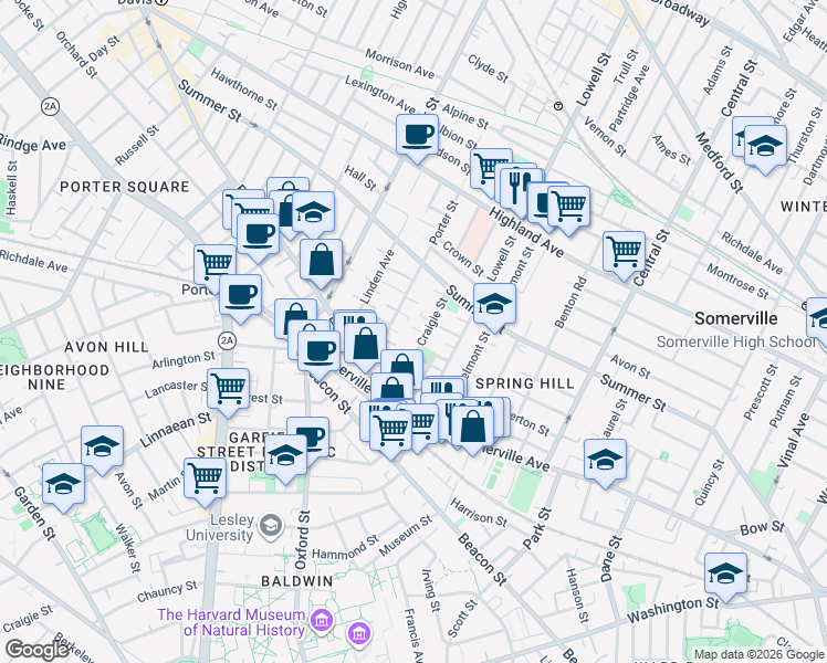 map of restaurants, bars, coffee shops, grocery stores, and more near 42 Craigie Street in Somerville