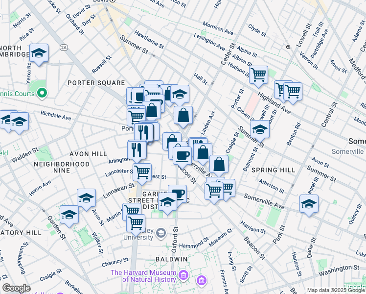 map of restaurants, bars, coffee shops, grocery stores, and more near 36 Elm Street in Somerville