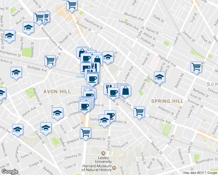 map of restaurants, bars, coffee shops, grocery stores, and more near 769 Somerville Avenue in Somerville