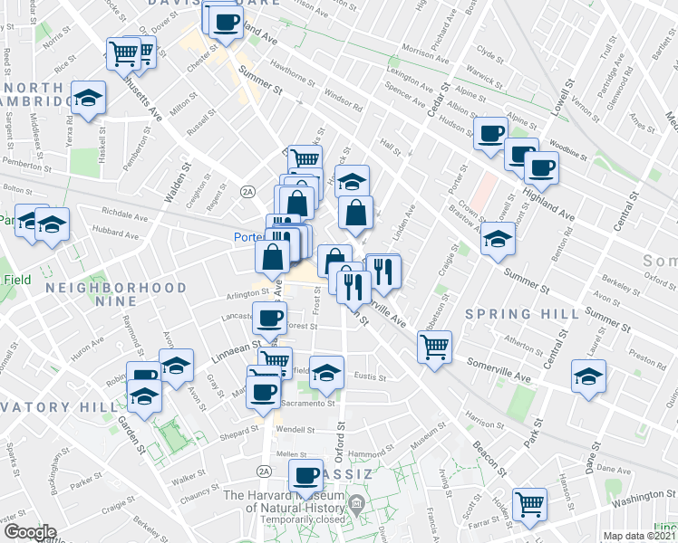 map of restaurants, bars, coffee shops, grocery stores, and more near 769 Somerville Avenue in Somerville