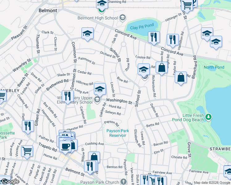 map of restaurants, bars, coffee shops, grocery stores, and more near 17 Madison Street in Belmont