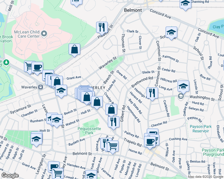 map of restaurants, bars, coffee shops, grocery stores, and more near 46-48 Wiley Road in Belmont