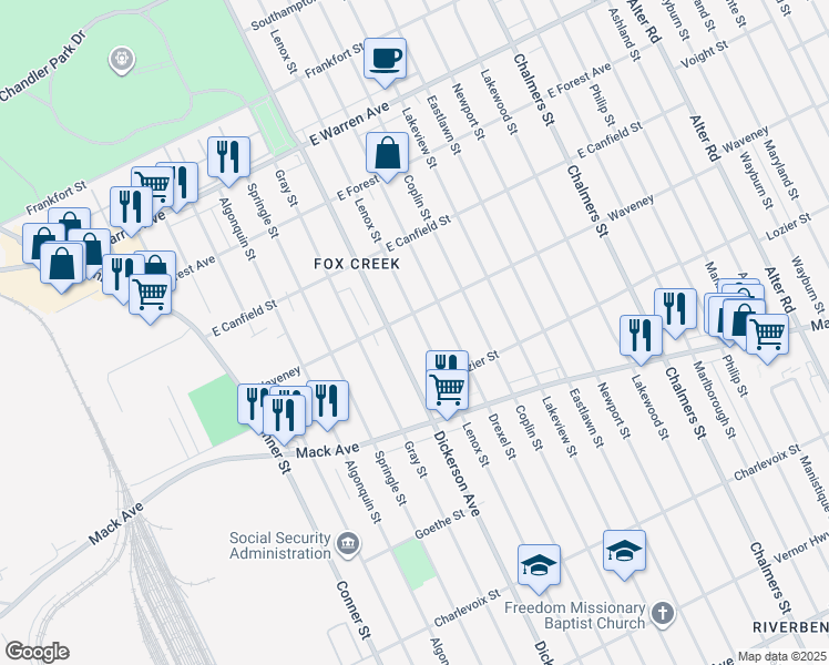 map of restaurants, bars, coffee shops, grocery stores, and more near 4178 Lenox Street in Detroit