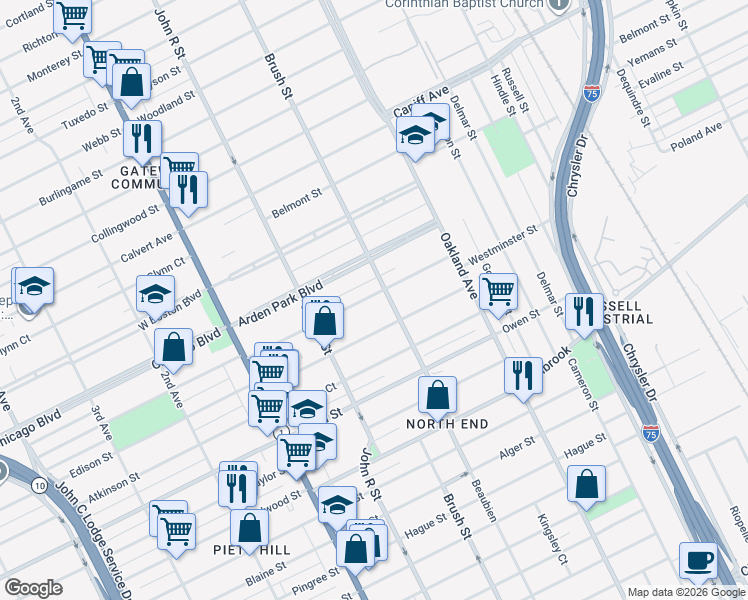 map of restaurants, bars, coffee shops, grocery stores, and more near 9429 Brush Street in Detroit