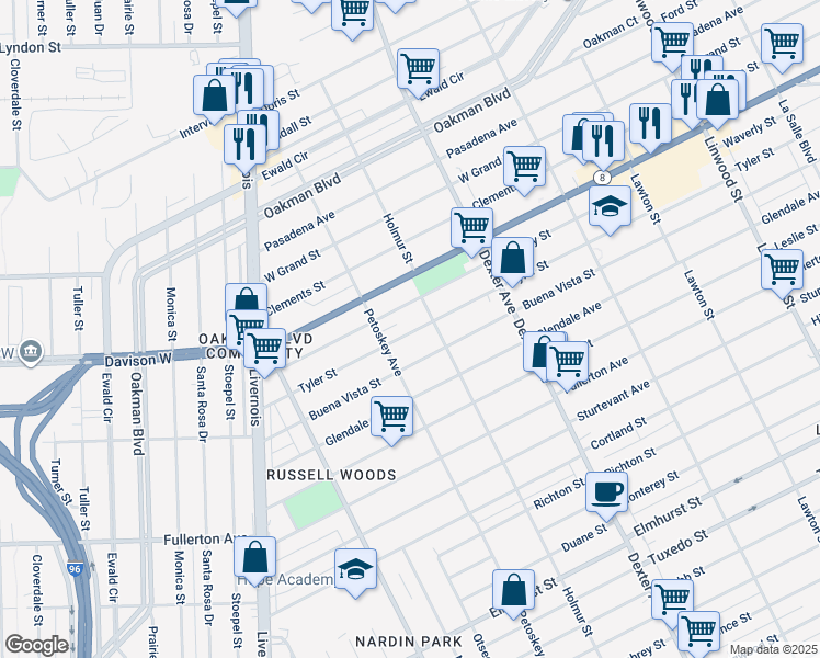 map of restaurants, bars, coffee shops, grocery stores, and more near 4031 Tyler Street in Detroit