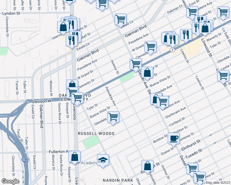 map of restaurants, bars, coffee shops, grocery stores, and more near 4096 Tyler Street in Detroit