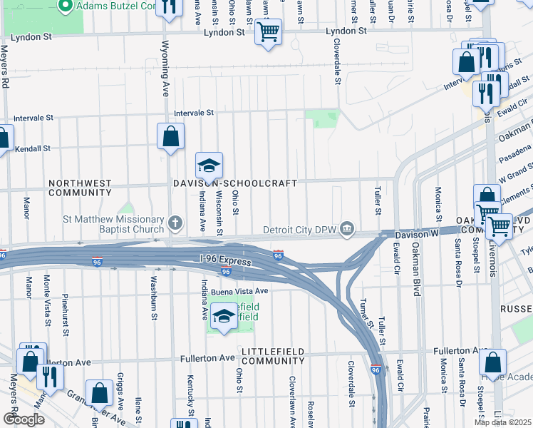 map of restaurants, bars, coffee shops, grocery stores, and more near 13546 Northlawn Street in Detroit