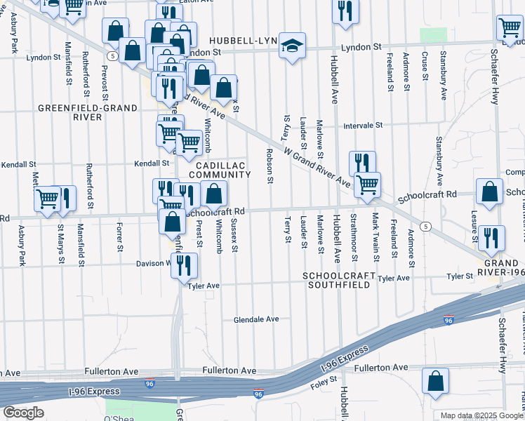 map of restaurants, bars, coffee shops, grocery stores, and more near 13417 Robson Street in Detroit