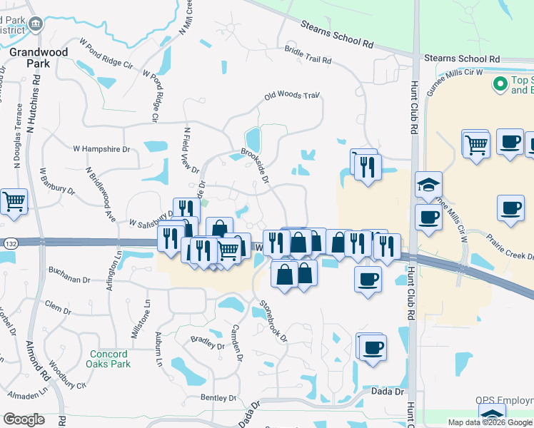 map of restaurants, bars, coffee shops, grocery stores, and more near 36123 North New Bridge Court in Gurnee
