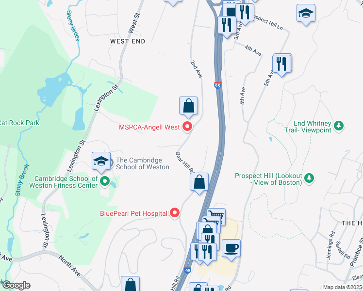 map of restaurants, bars, coffee shops, grocery stores, and more near 322 2nd Avenue in Waltham