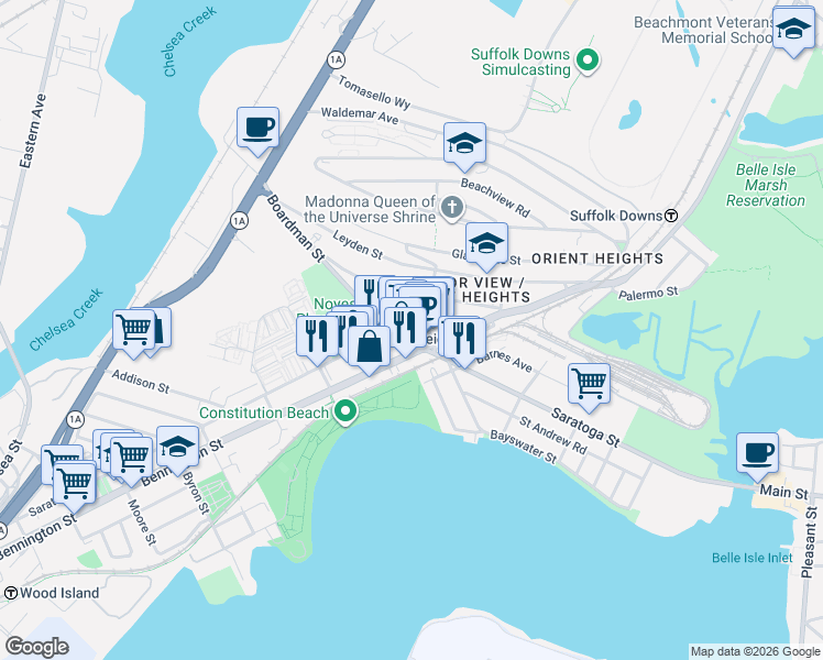 map of restaurants, bars, coffee shops, grocery stores, and more near 984 Saratoga Street in Boston