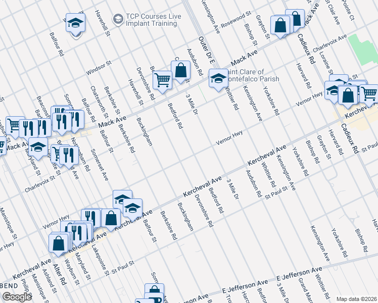map of restaurants, bars, coffee shops, grocery stores, and more near 1304 Devonshire Road in Grosse Pointe Park