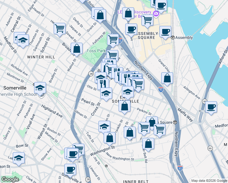 map of restaurants, bars, coffee shops, grocery stores, and more near 24 Rush Street in Somerville