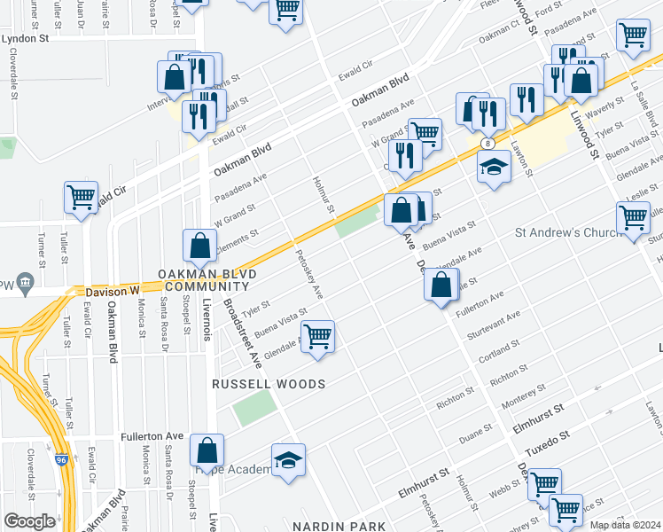 map of restaurants, bars, coffee shops, grocery stores, and more near 4031 Tyler Street in Detroit