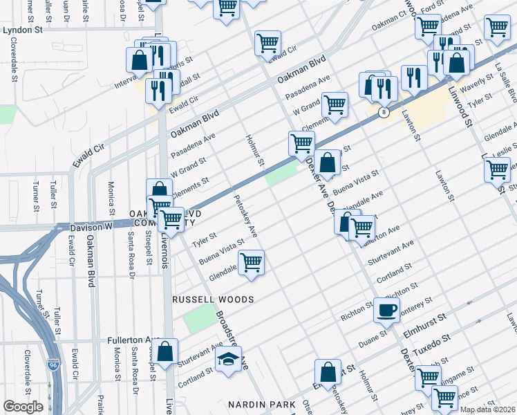 map of restaurants, bars, coffee shops, grocery stores, and more near 4052 Tyler Street in Detroit