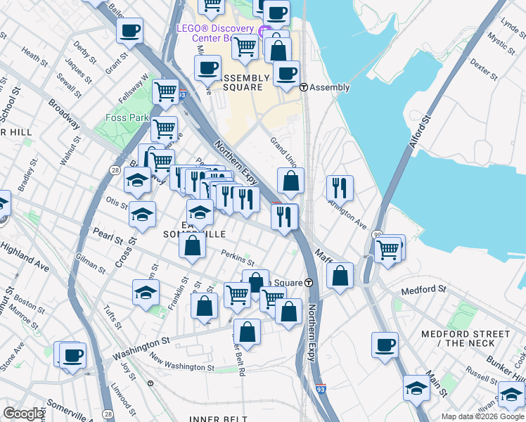 map of restaurants, bars, coffee shops, grocery stores, and more near 13 Broadway in Somerville