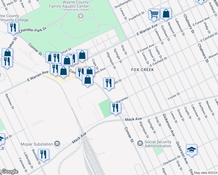 map of restaurants, bars, coffee shops, grocery stores, and more near 12544 East Canfield Street in Detroit