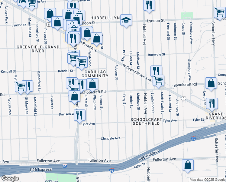 map of restaurants, bars, coffee shops, grocery stores, and more near 13417 Robson Street in Detroit