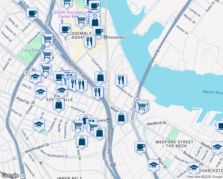 map of restaurants, bars, coffee shops, grocery stores, and more near 7 Sherman Street in Boston