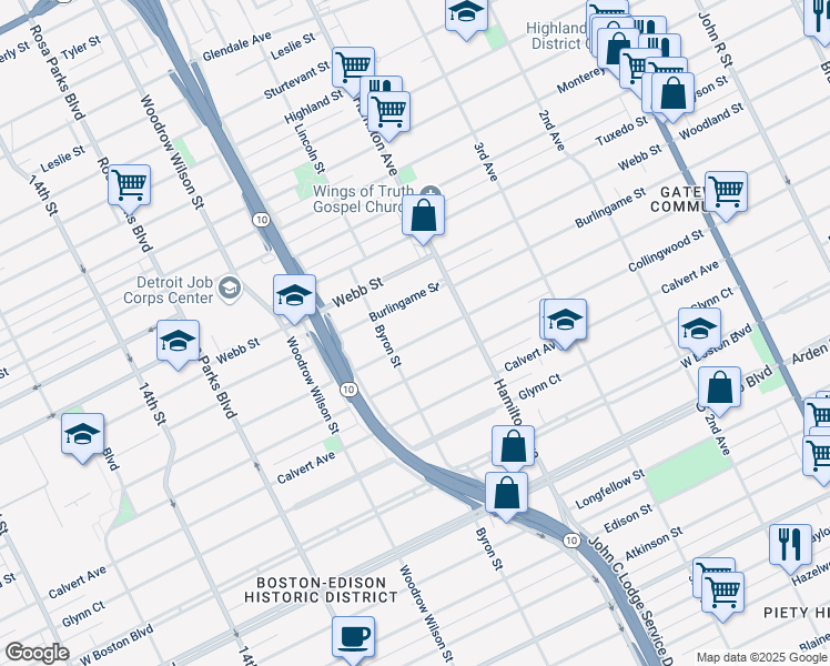 map of restaurants, bars, coffee shops, grocery stores, and more near 1202 Lawrence Street in Detroit