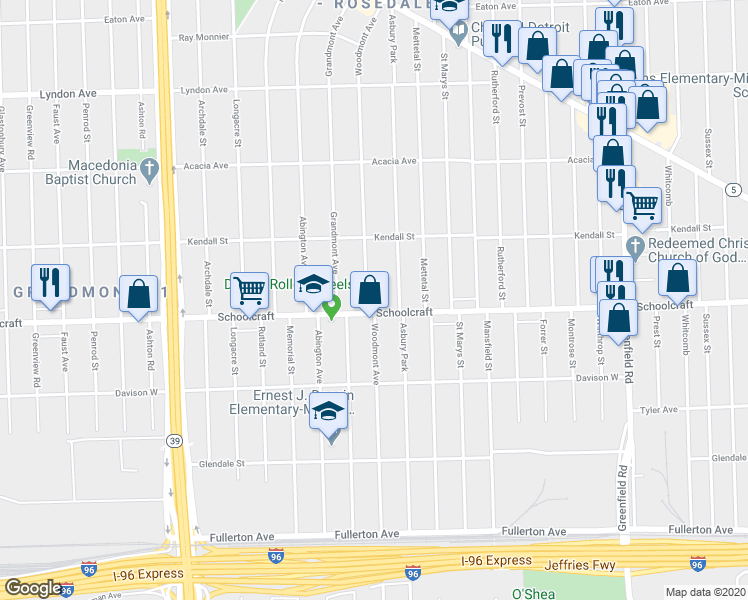 map of restaurants, bars, coffee shops, grocery stores, and more near 13924 Woodmont Avenue in Detroit