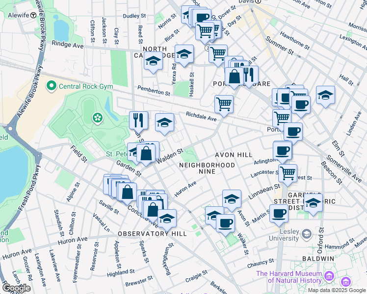 map of restaurants, bars, coffee shops, grocery stores, and more near 157 Walden Street in Cambridge
