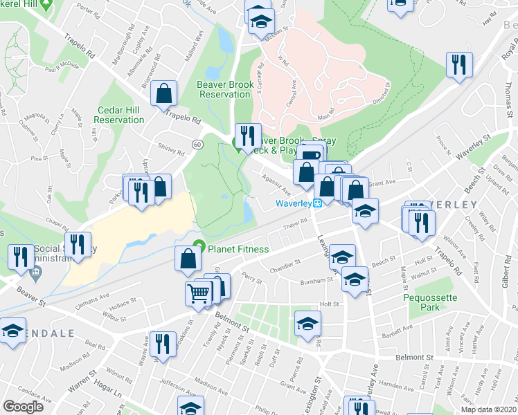 map of restaurants, bars, coffee shops, grocery stores, and more near 61 Moraine Street in Belmont