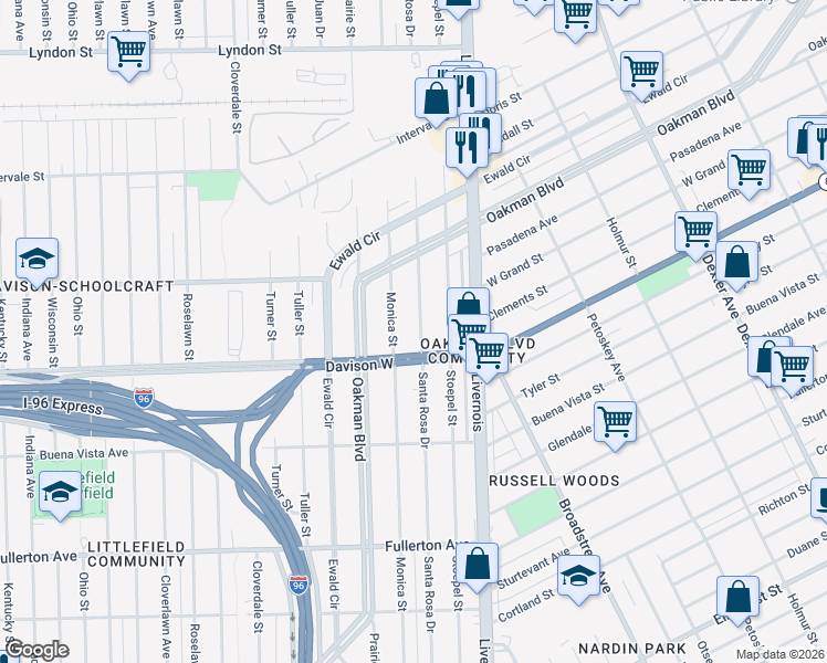 map of restaurants, bars, coffee shops, grocery stores, and more near in Detroit