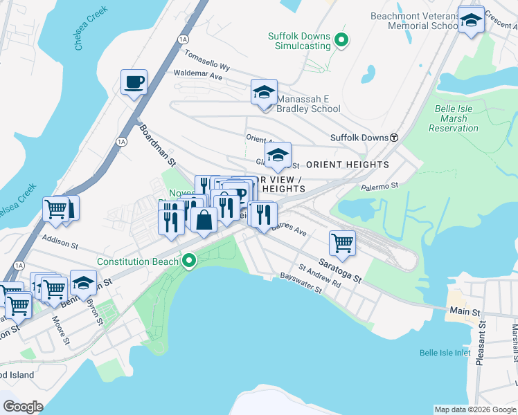 map of restaurants, bars, coffee shops, grocery stores, and more near Bennington Street in Boston