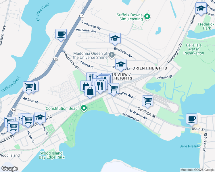 map of restaurants, bars, coffee shops, grocery stores, and more near 984 Saratoga Street in Boston