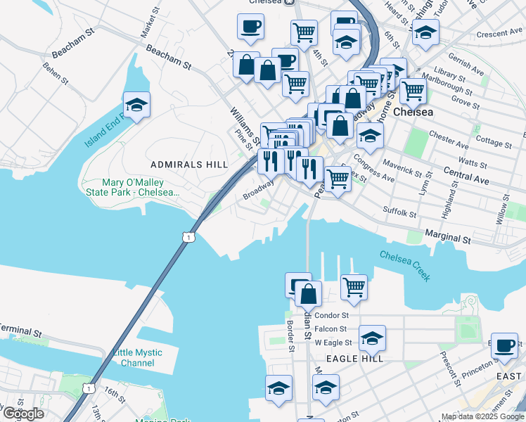 map of restaurants, bars, coffee shops, grocery stores, and more near 1 Winnisimmet Street in Chelsea